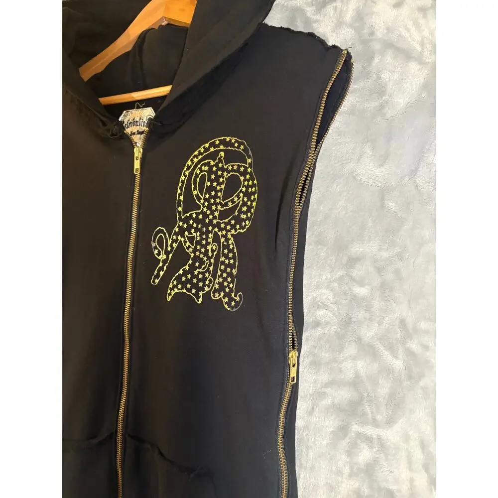 Vintage Y2K Men's Retribution Sleeveless‎ Full Zip Hoodie M Gold Rocker Glam